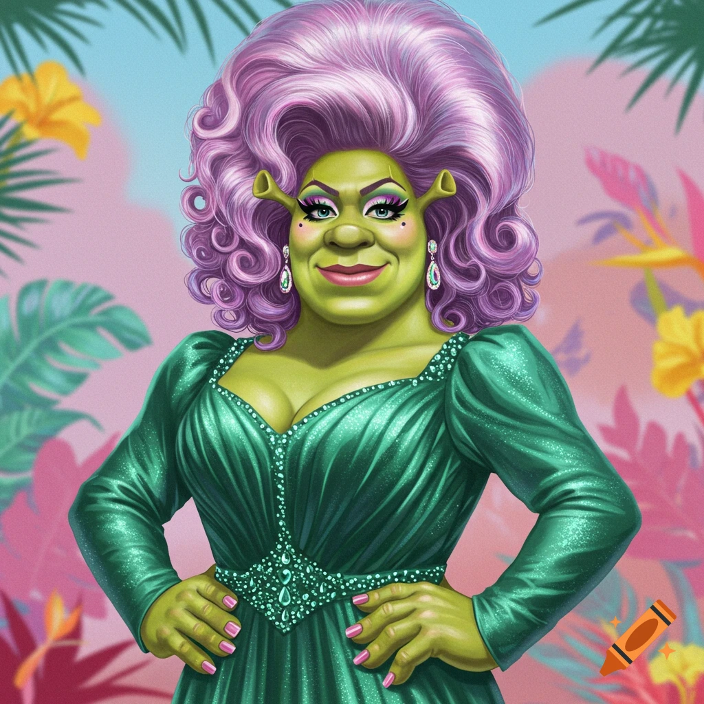 Shrek as a drag queen wearing a sparkly green dress and voluminous purple hair against a tropical background.