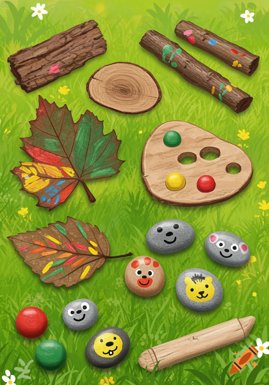 Illustration of painted rocks with faces, painted leaves, and painted wood pieces on grass, like a children's nature craft.