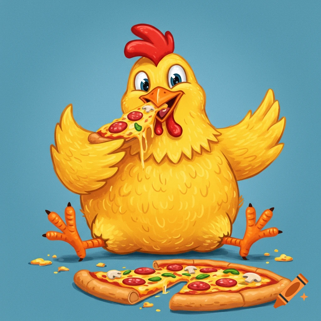 Cartoon chicken happily eating a slice of pepperoni pizza