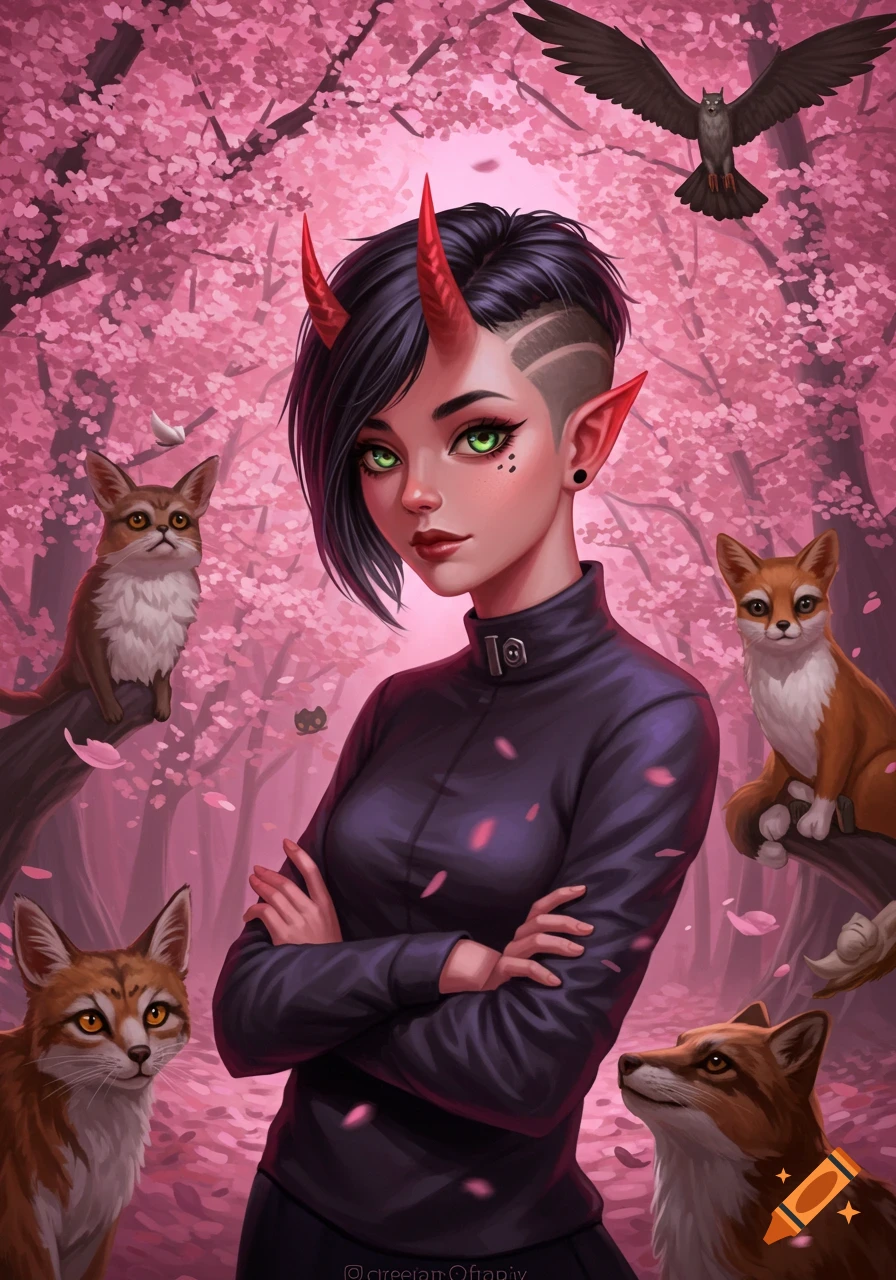 A girl with red demon horns and short dark hair stands in a cherry blossom forest surrounded by cats and foxes. Digital art.