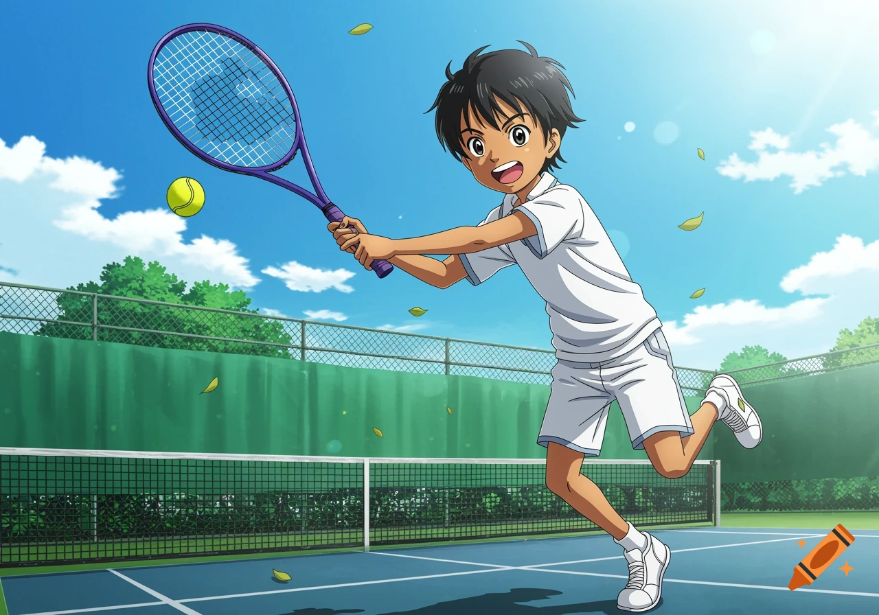 Anime boy hitting a tennis ball on a court.