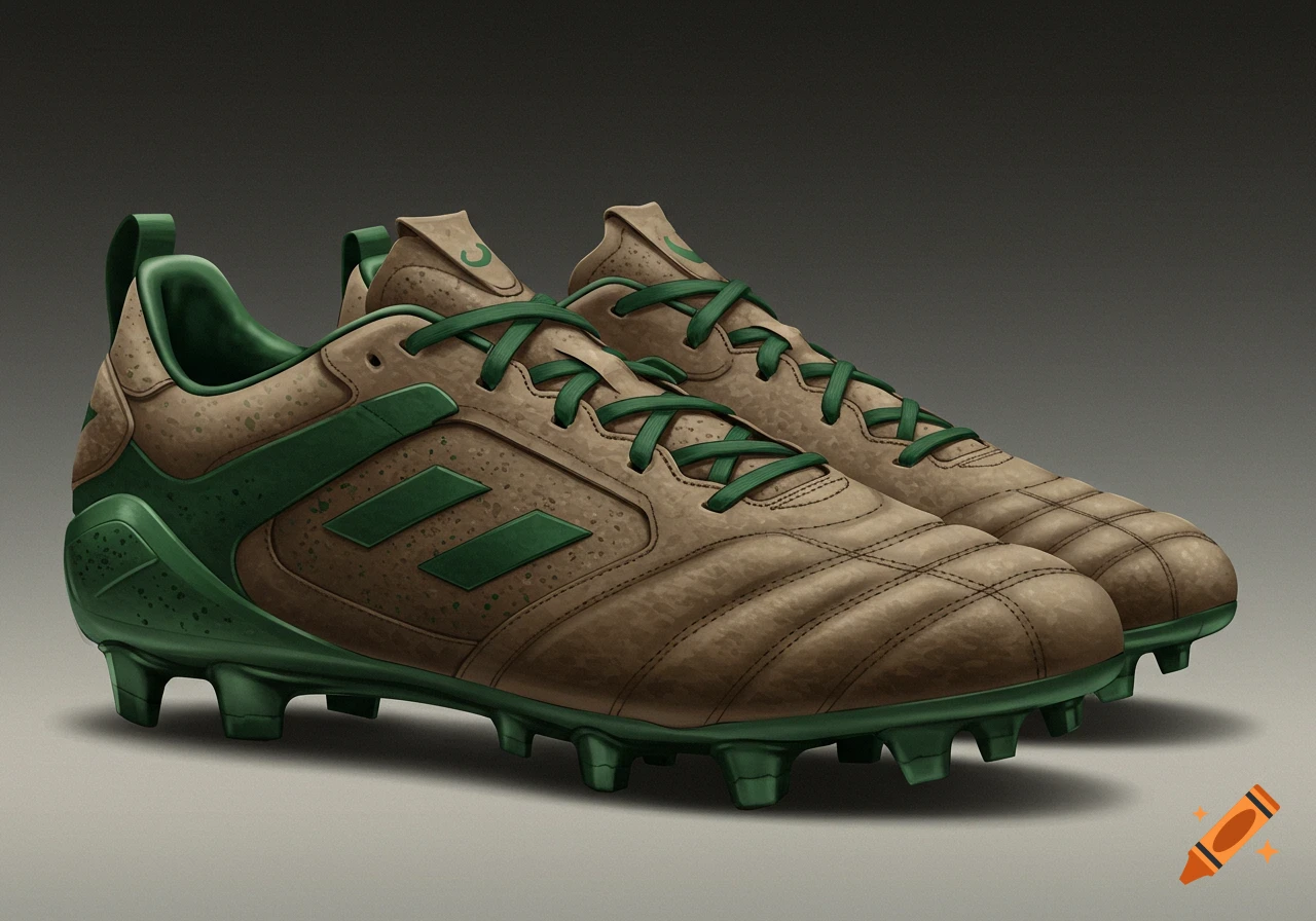 A pair of modern soccer cleats in dark tan and green.