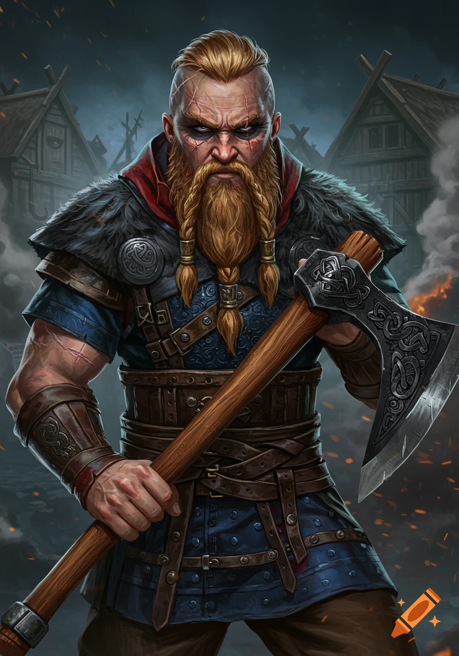 A fierce Viking warrior with facial scars and a braided beard holds a large axe in a smoky village setting.