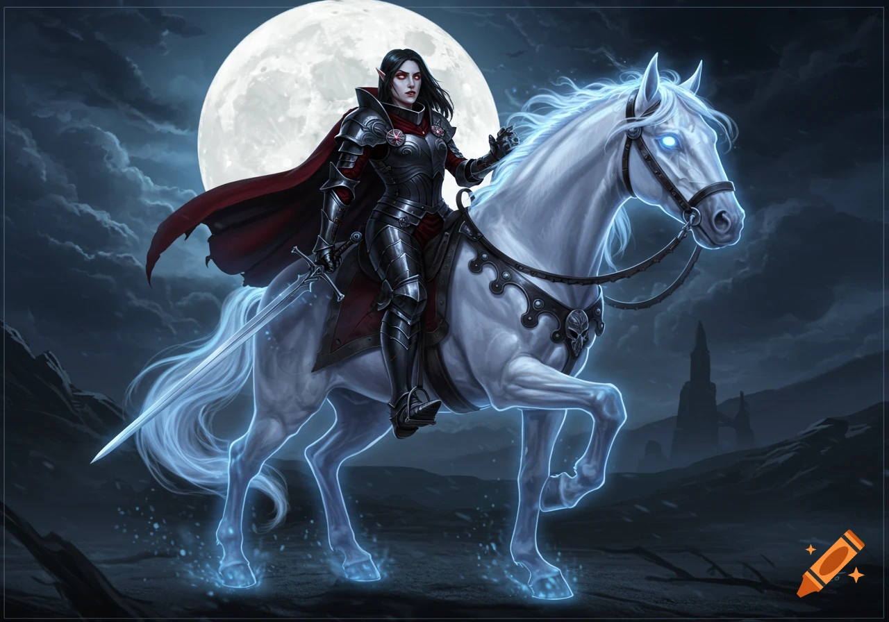 Female vampire knight riding a spectral horse under a full moon at night