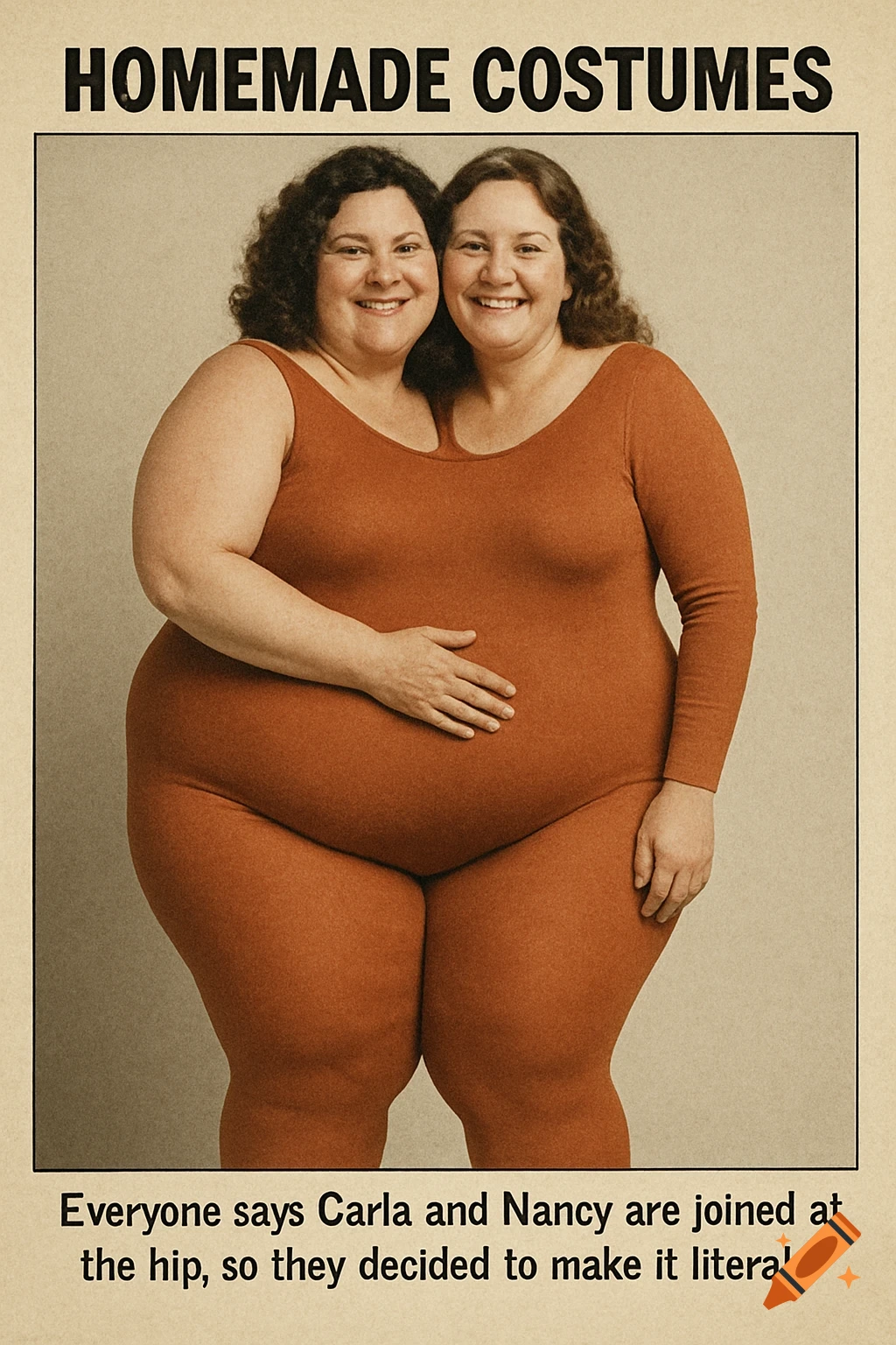 Two women stand together in a large, conjoined brown leotard, creating a two-headed costume.