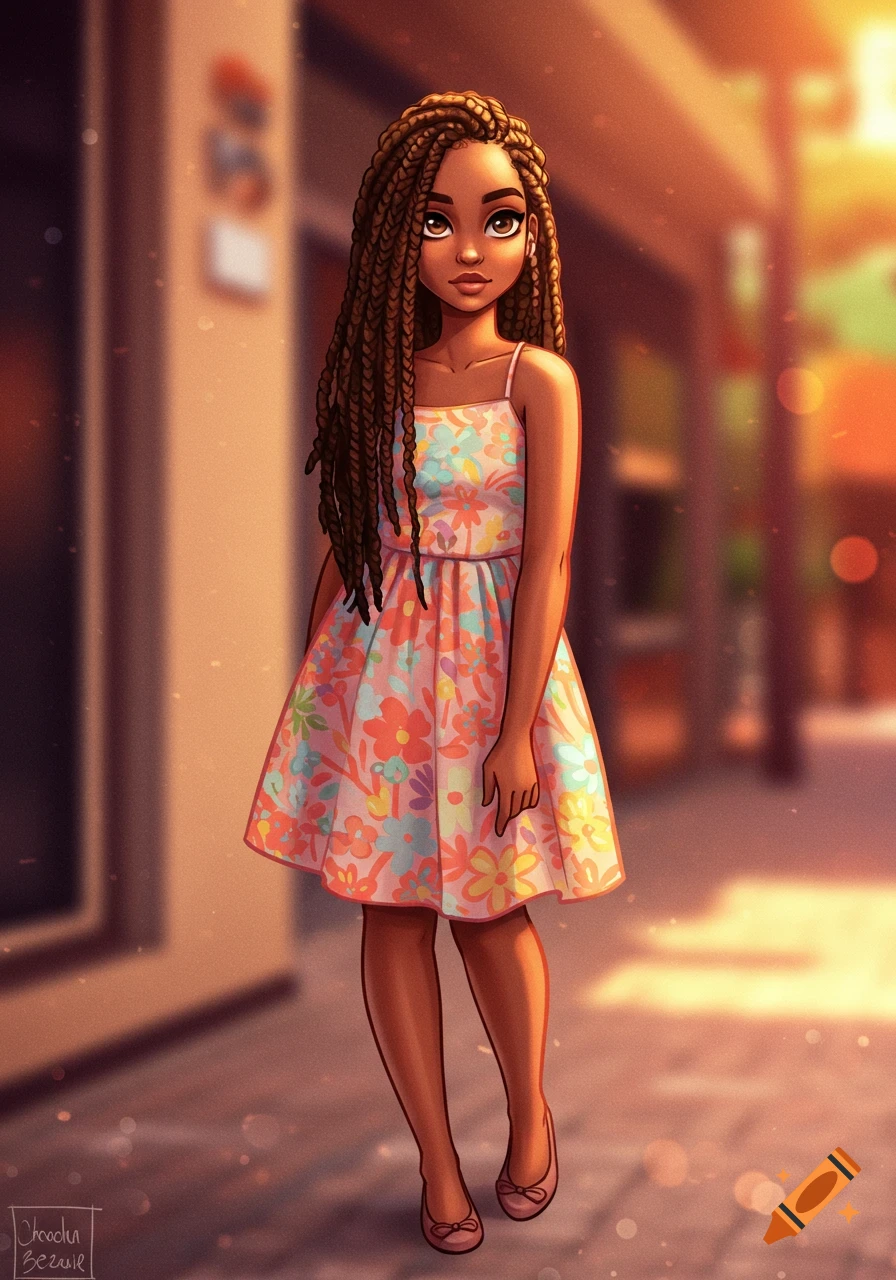 Stylized drawing of a girl with braids wearing a floral dress outdoors.