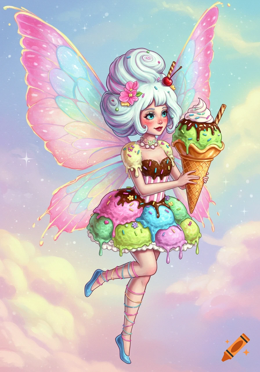 A fairy with rainbow wings and an ice cream cone dress holds a large ice cream cone.