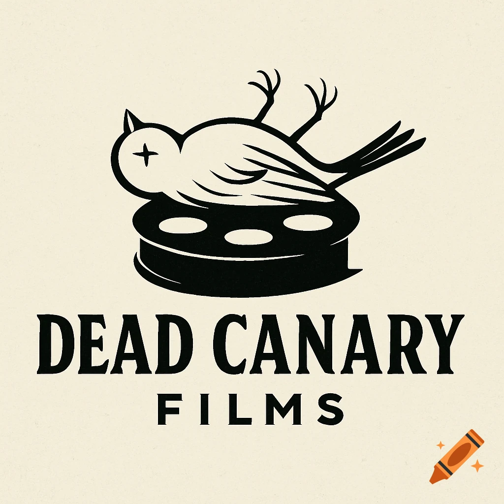 Black and white logo with a dead bird on a film reel and the text 'Dead Canary Films'.