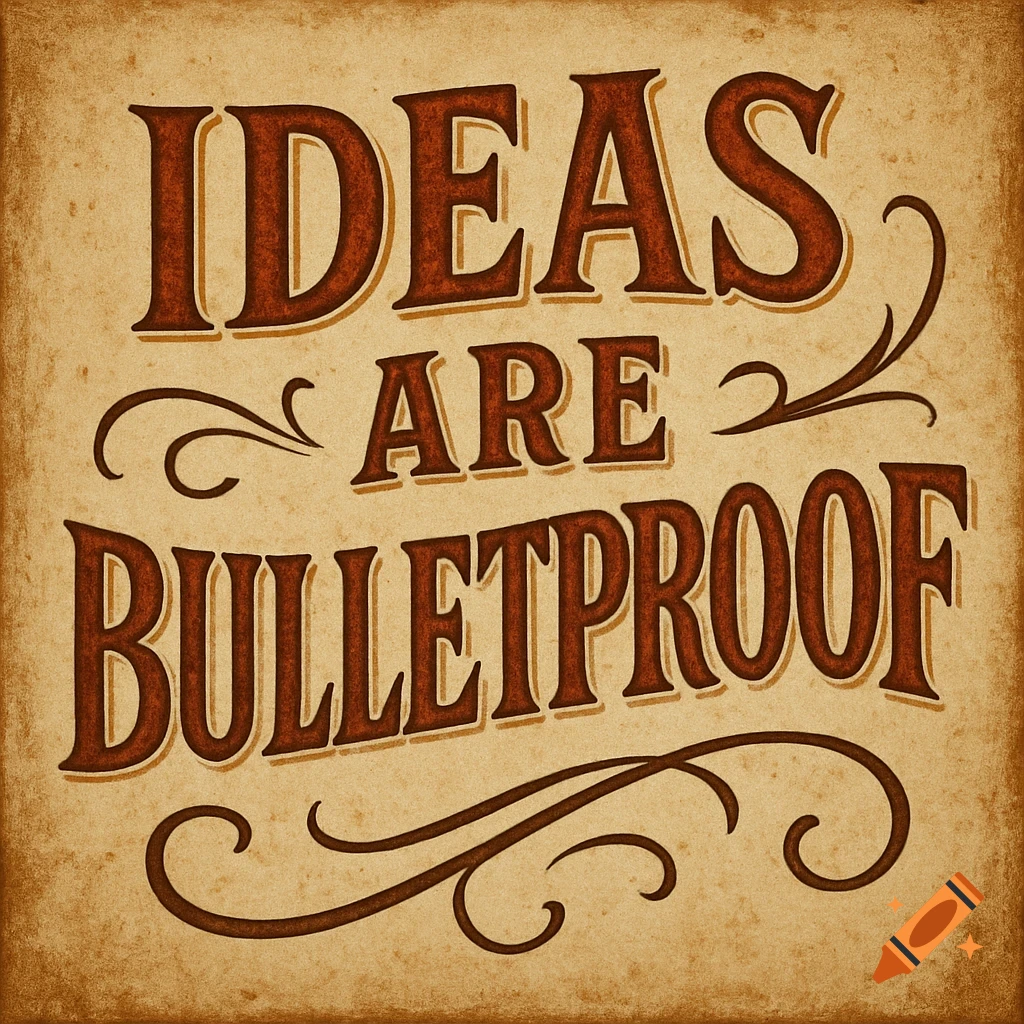 Vintage typography sign with text 'IDEAS ARE BULLETPROOF' on a textured background.