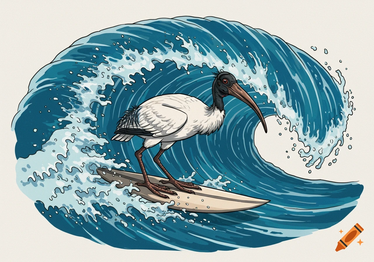 Stylized illustration of an ibis bird surfing a large blue wave.
