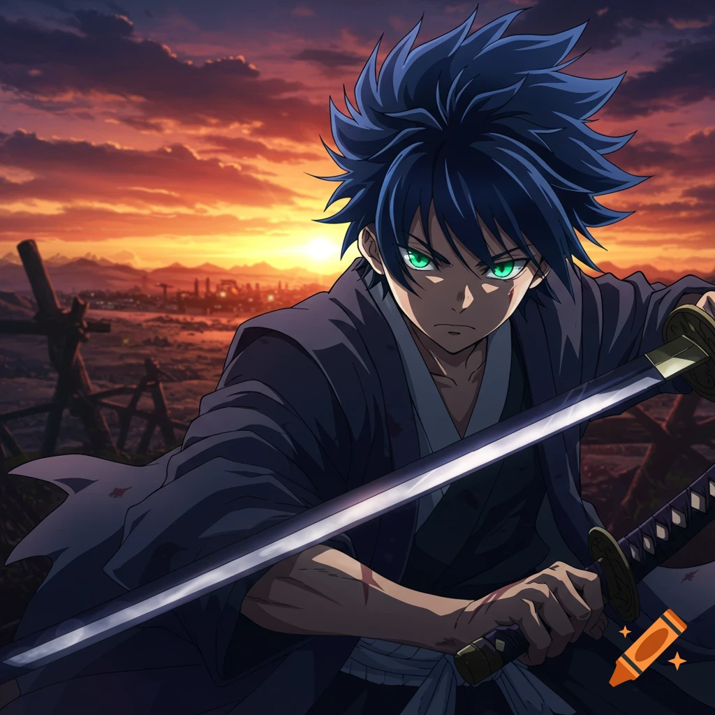 Anime warrior with blue hair and green eyes holding a sword at sunset.