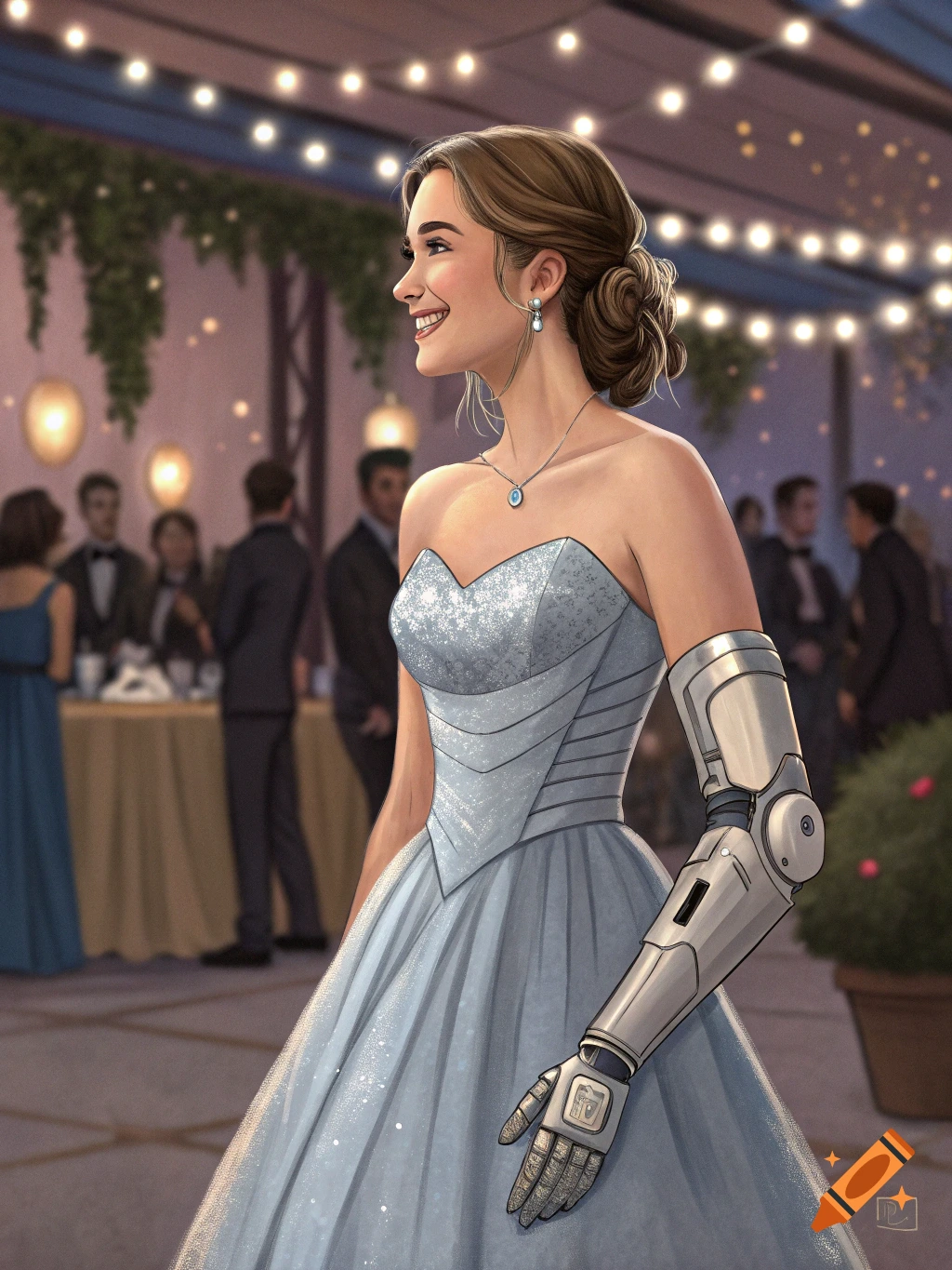Young woman in a sparkly blue strapless dress with a cyborg arm, smiling at a party with festive lights.