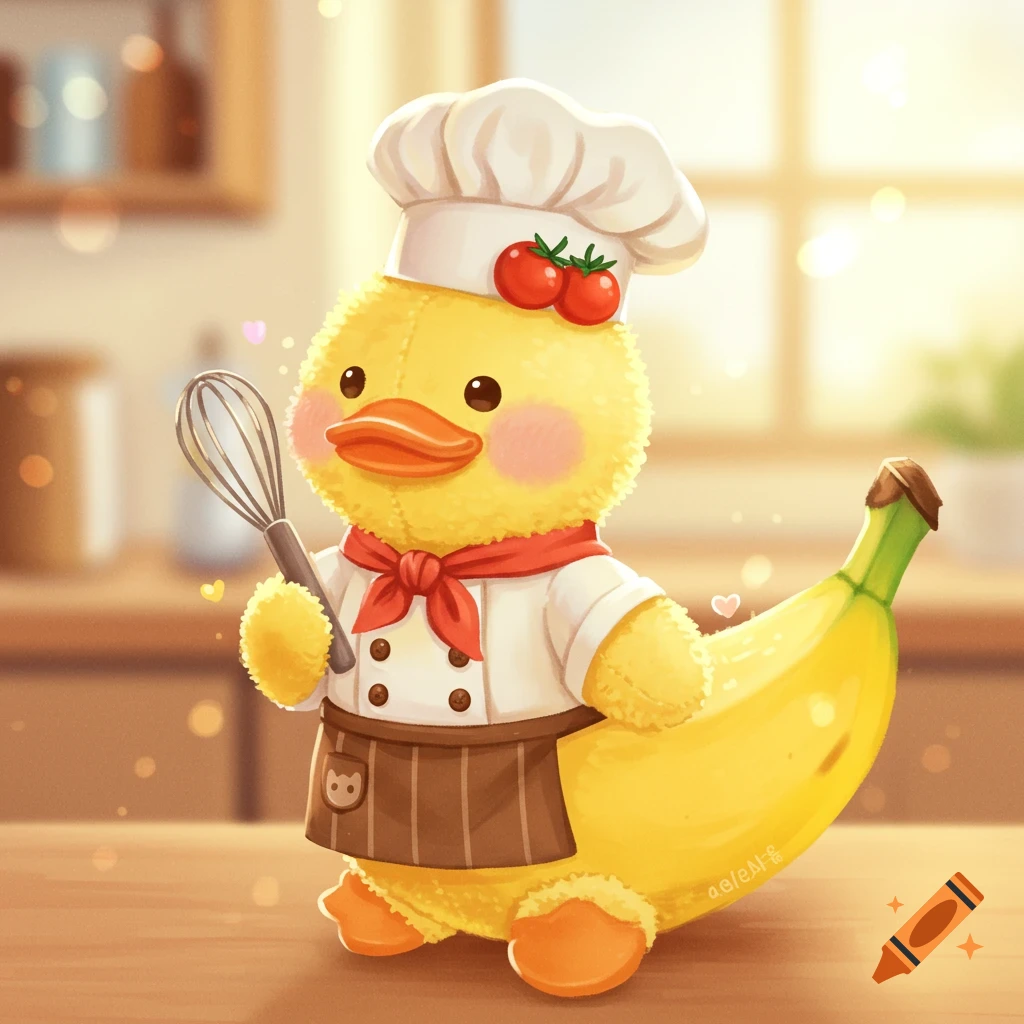 A plush yellow duck dressed as a chef holds a whisk and stands next to a large banana in a kitchen.
