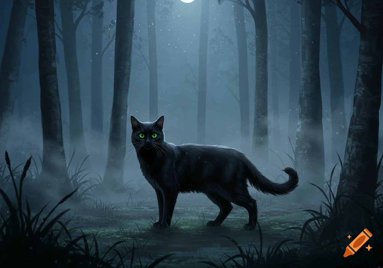 A black cat stands in a misty forest under a full moon at night. on Craiyon