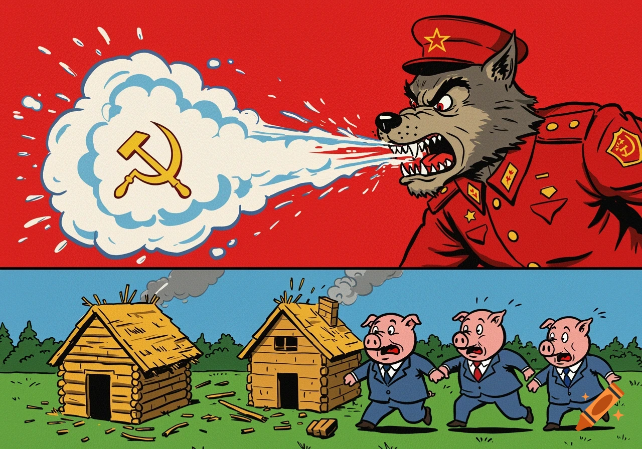 A two-panel political cartoon: A wolf in a Soviet uniform blows at a hammer and sickle symbol; three pigs in suits run from damaged wooden houses.