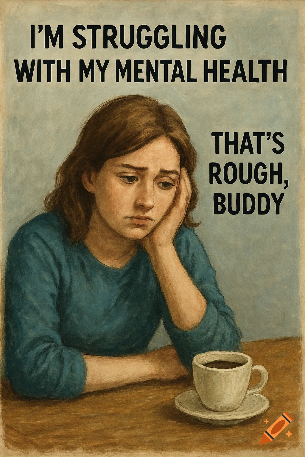 Illustration of a sad woman sitting at a table with a coffee cup. Text reads 'I'm struggling with my mental health. That's rough, buddy.'