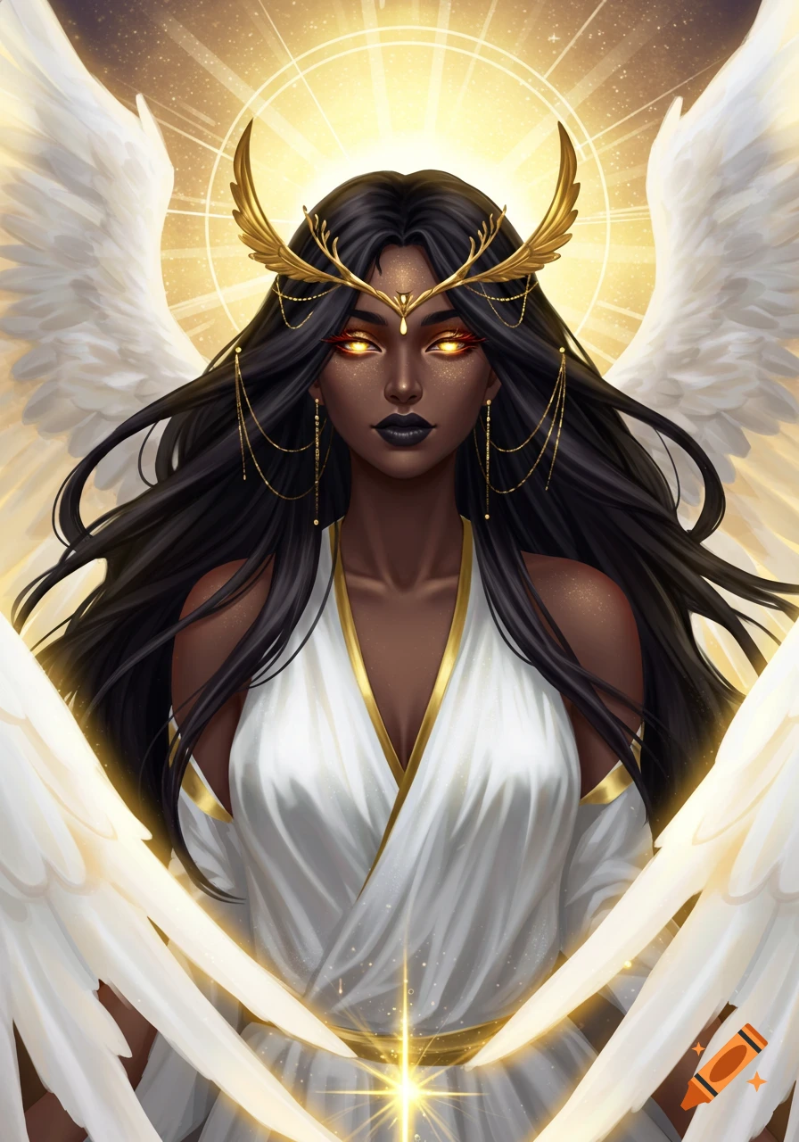 A dark-skinned goddess with golden eyes, a gold headdress, and large white wings surrounded by light, digital art.