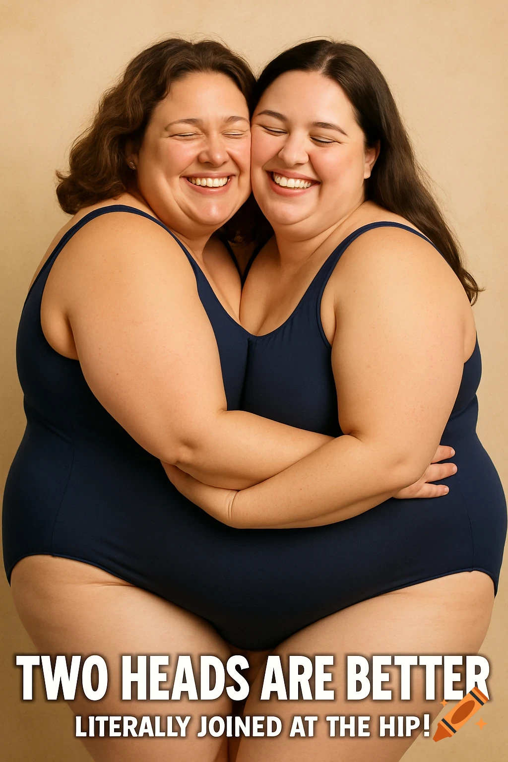Two plus-size women in swimsuits hug, creating a two-headed illusion, with overlaid text.
