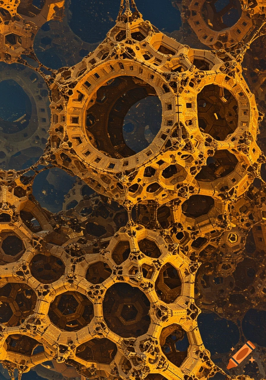 A close-up view of a complex golden fractal structure with circular and hexagonal patterns against a dark background.