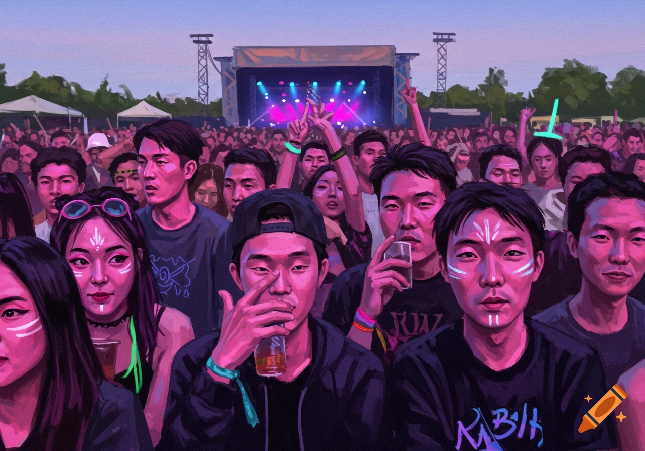 Painterly image of a large crowd watching a performance on a stage at a music festival.