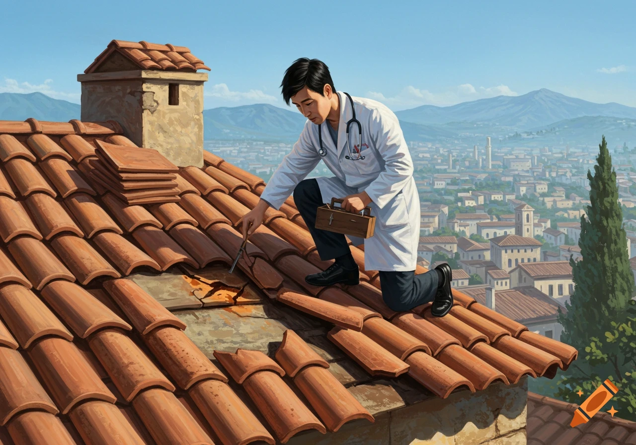 A person in a white coat kneels on a tiled roof, examining a broken tile with a tool, overlooking a city.