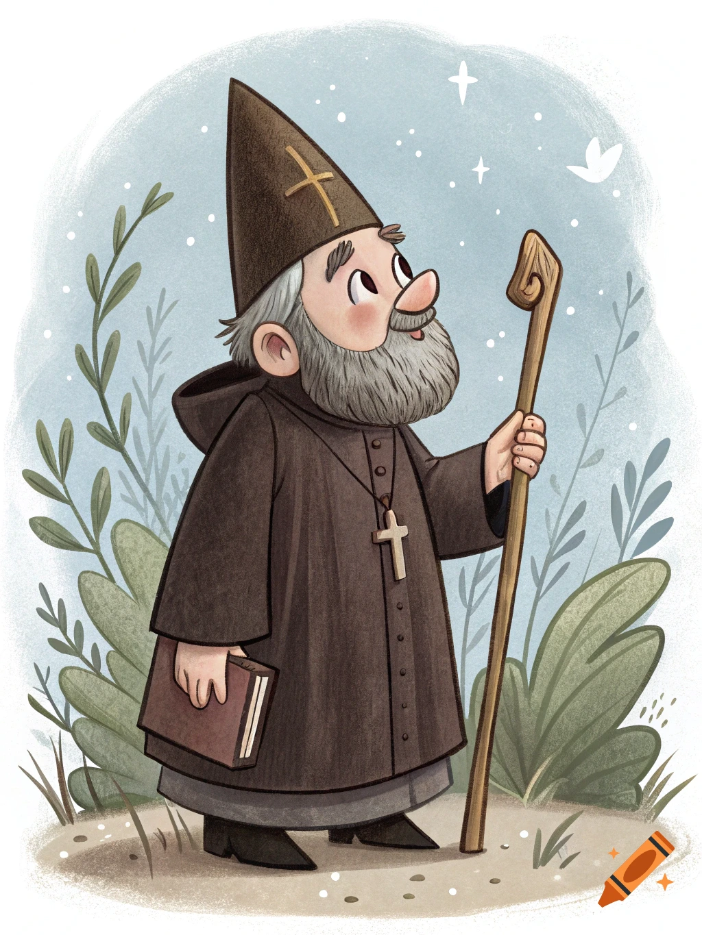 Cartoon illustration of a cleric or monk holding a book and staff.