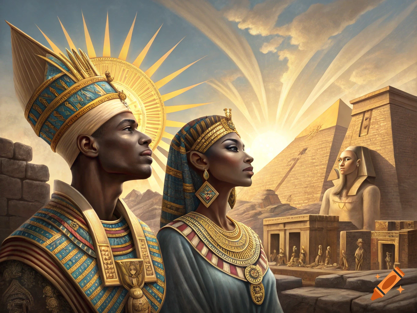Pharaoh and Queen in Egyptian attire look towards sun over pyramids in desert, realistic style.