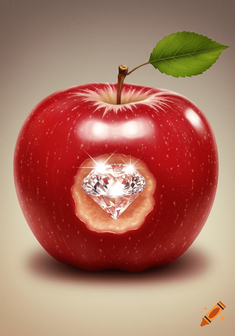 A red apple with a bite taken out, revealing a sparkling diamond inside.