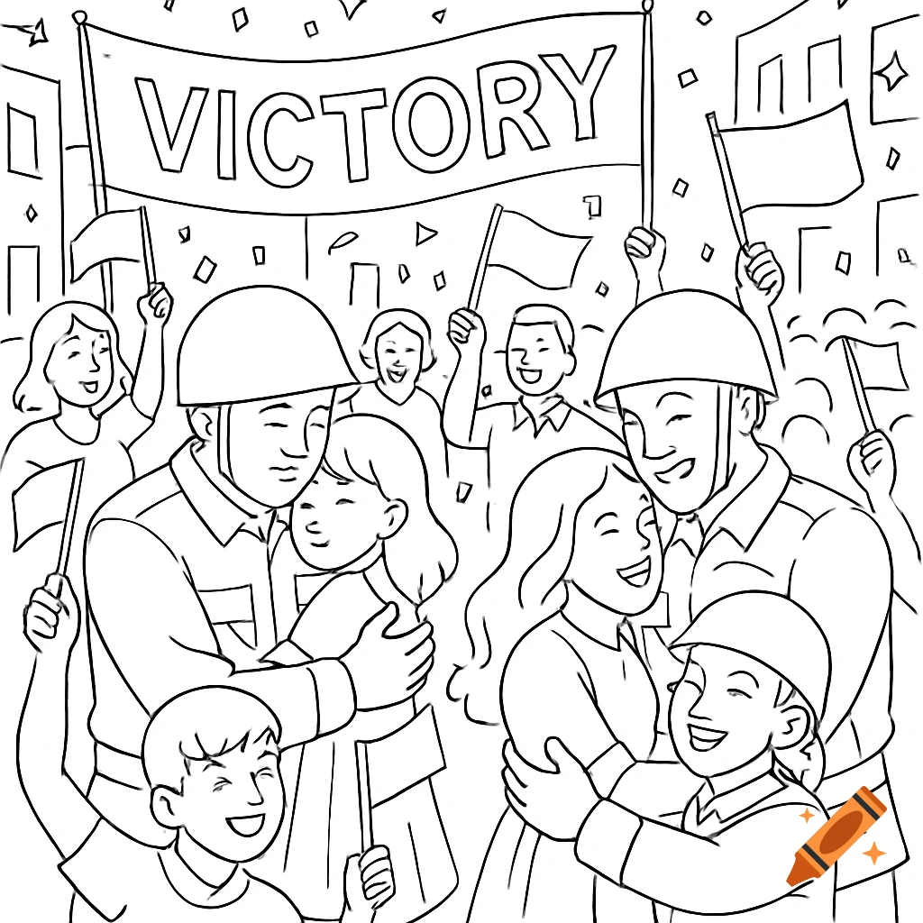 Black and white line art of people celebrating victory, with soldiers hugging families, flags, and confetti.