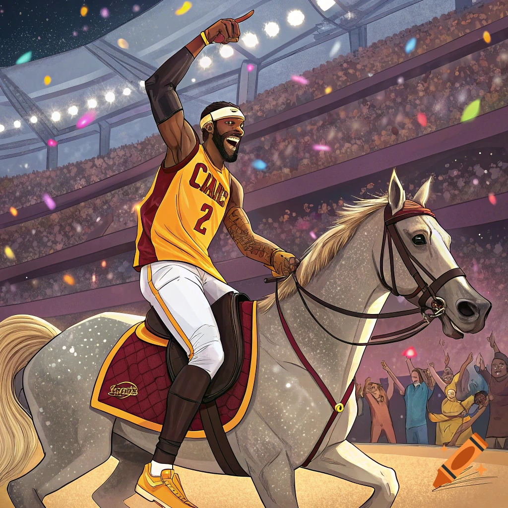 Cartoon illustration of a basketball player in a jersey riding a horse in a stadium with confetti.