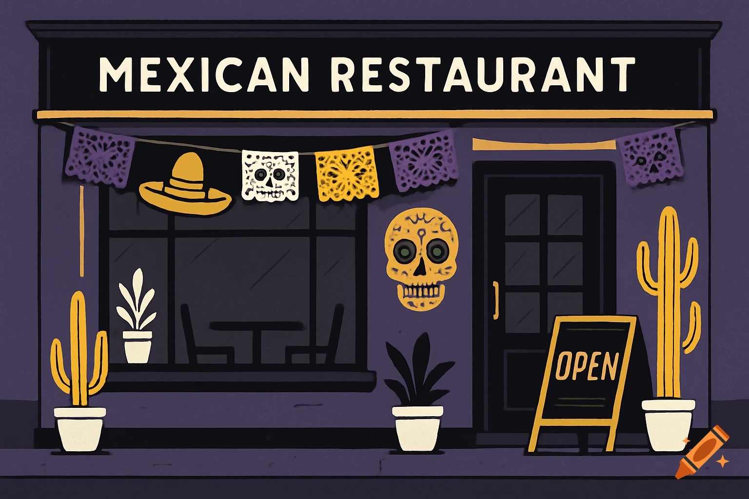 Illustration of a colorful Mexican restaurant storefront with cacti, sugar skull, and papel picado.