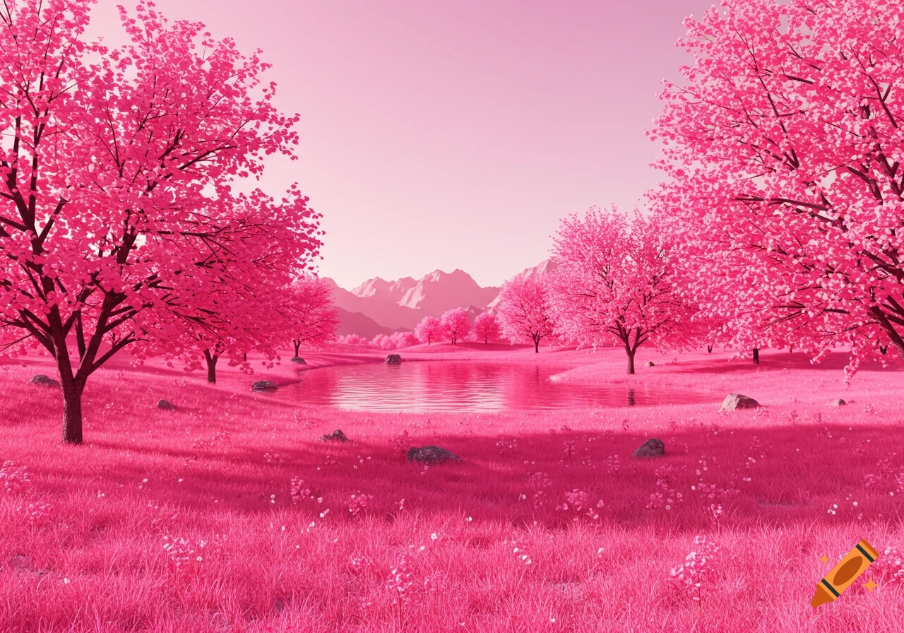 A vibrant pink landscape with flowering trees along a lake, mountains in the distance.