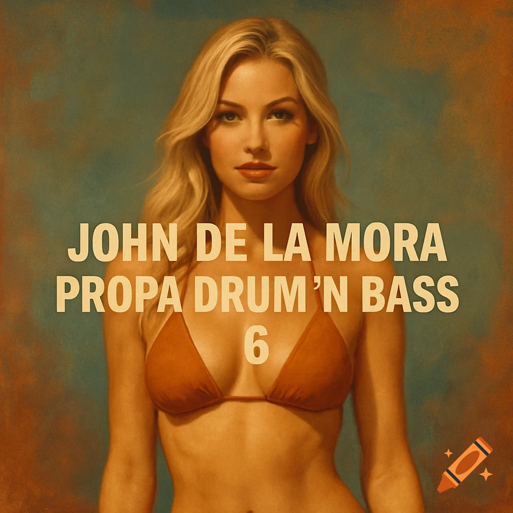 Portrait of a blonde woman in a bikini with overlaid text 'John De La Mora Propa Drum 'N Bass 6', in a painterly style.