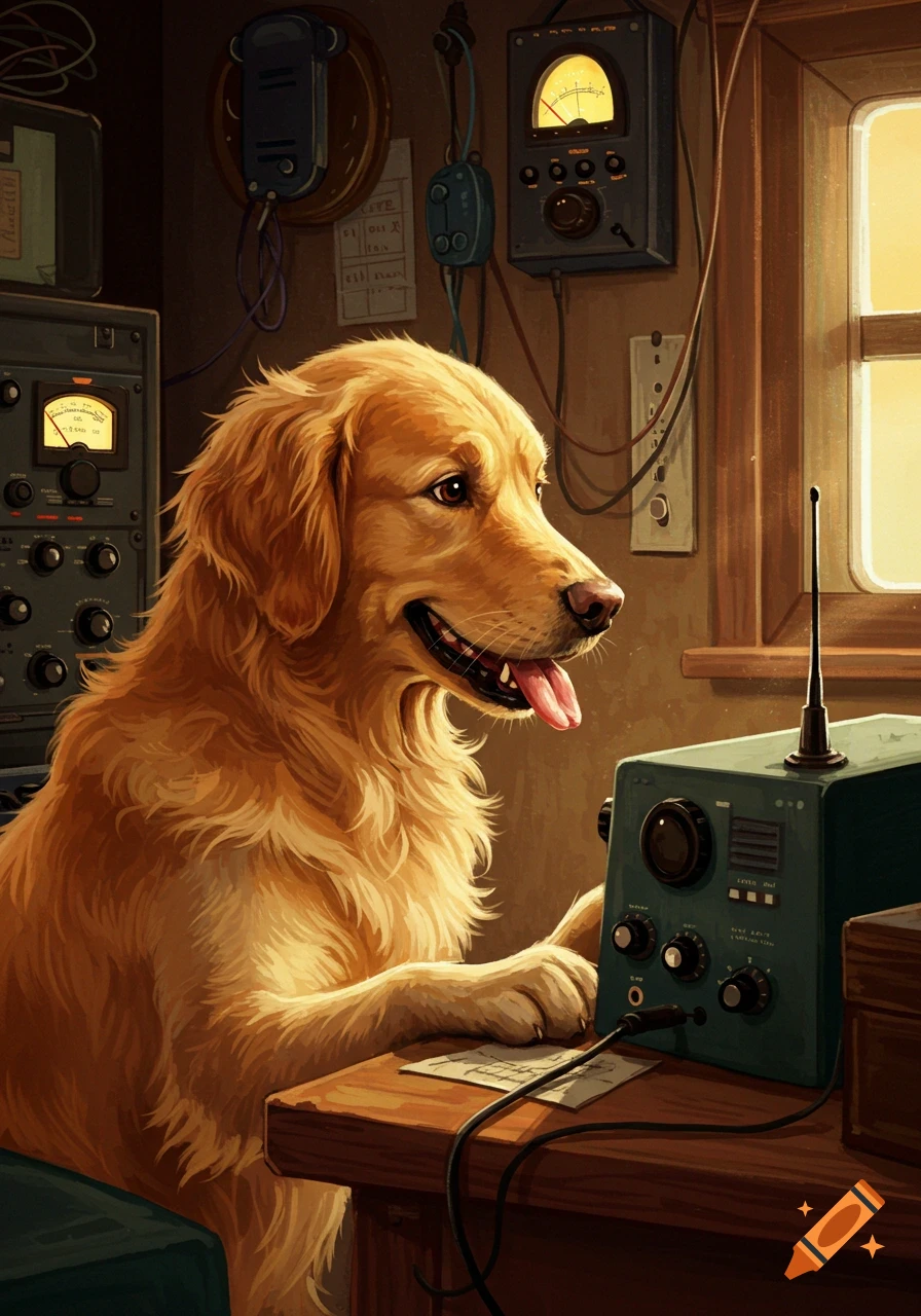 A golden retriever dog sits at a desk operating a ham radio in a room.