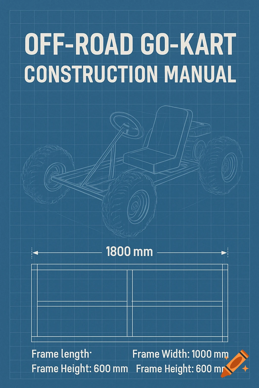 Blueprint style cover page for an off-road go-kart construction manual with schematic and dimensions.