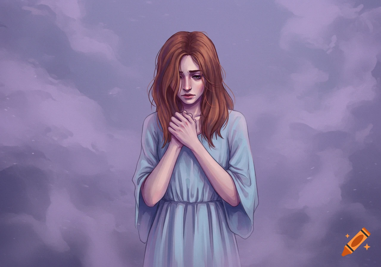 Digital illustration of a woman with red hair clasping her hands and looking down sadly.