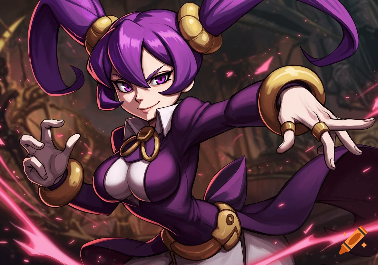 Anime-style character with purple hair and dress, reaching out with hands