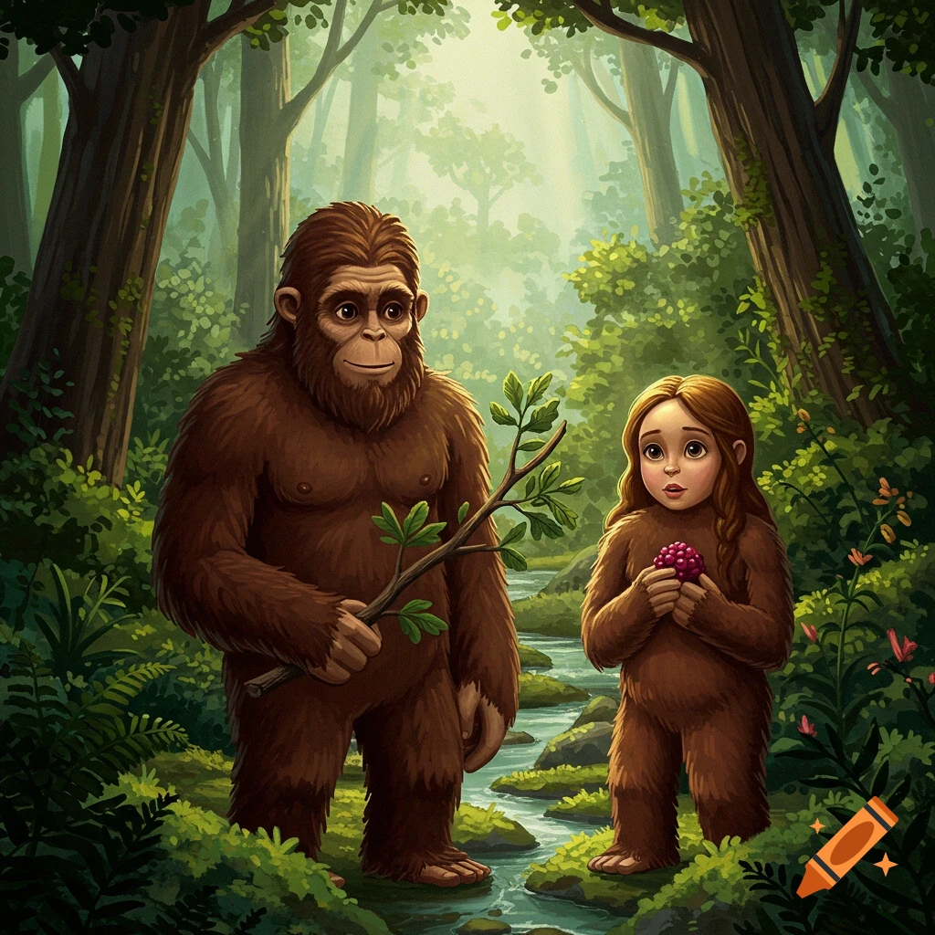 Illustrative depiction of an adult Sasquatch holding a branch standing next to a smaller Sasquatch holding berries in a forest.