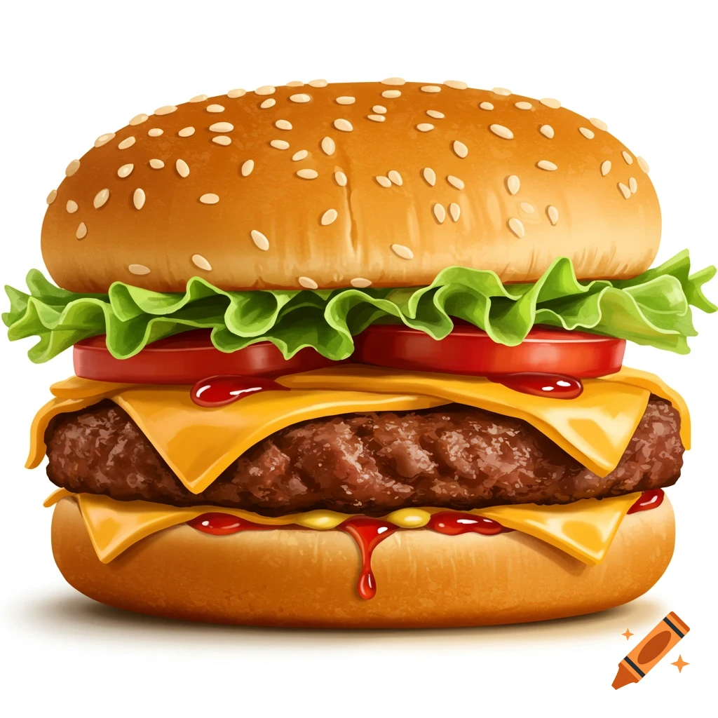 A detailed cheeseburger illustration on a white background.