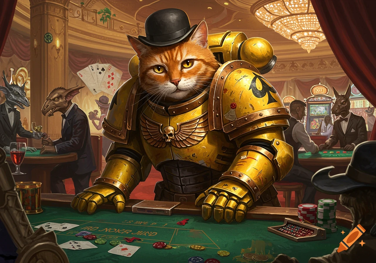 An orange tabby cat in golden space marine armor and a bowler hat plays poker in a casino with anthropomorphic animals.
