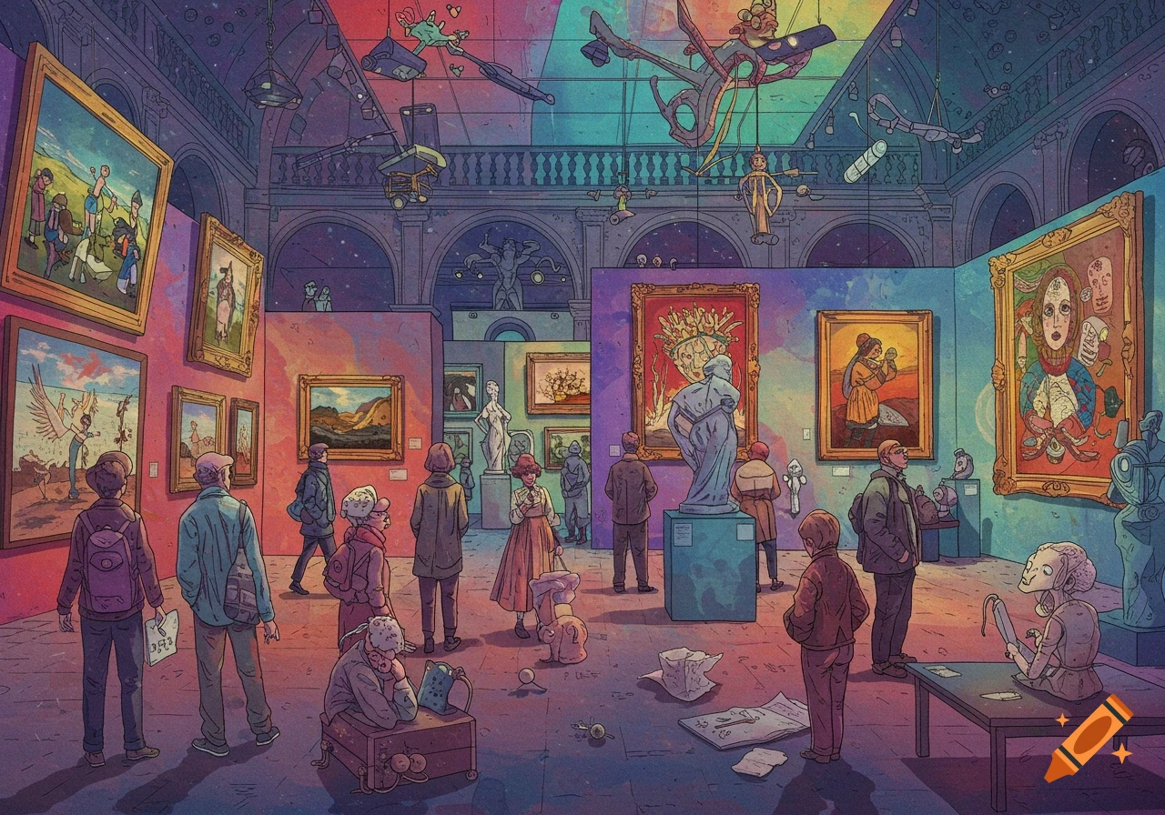 Illustrative view of people looking at paintings and sculptures in a colorful, surreal art gallery.