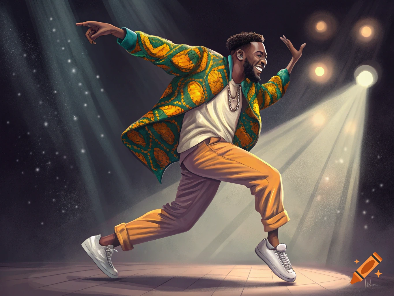 A man in a vibrant patterned jacket dances on a stage with spotlights.