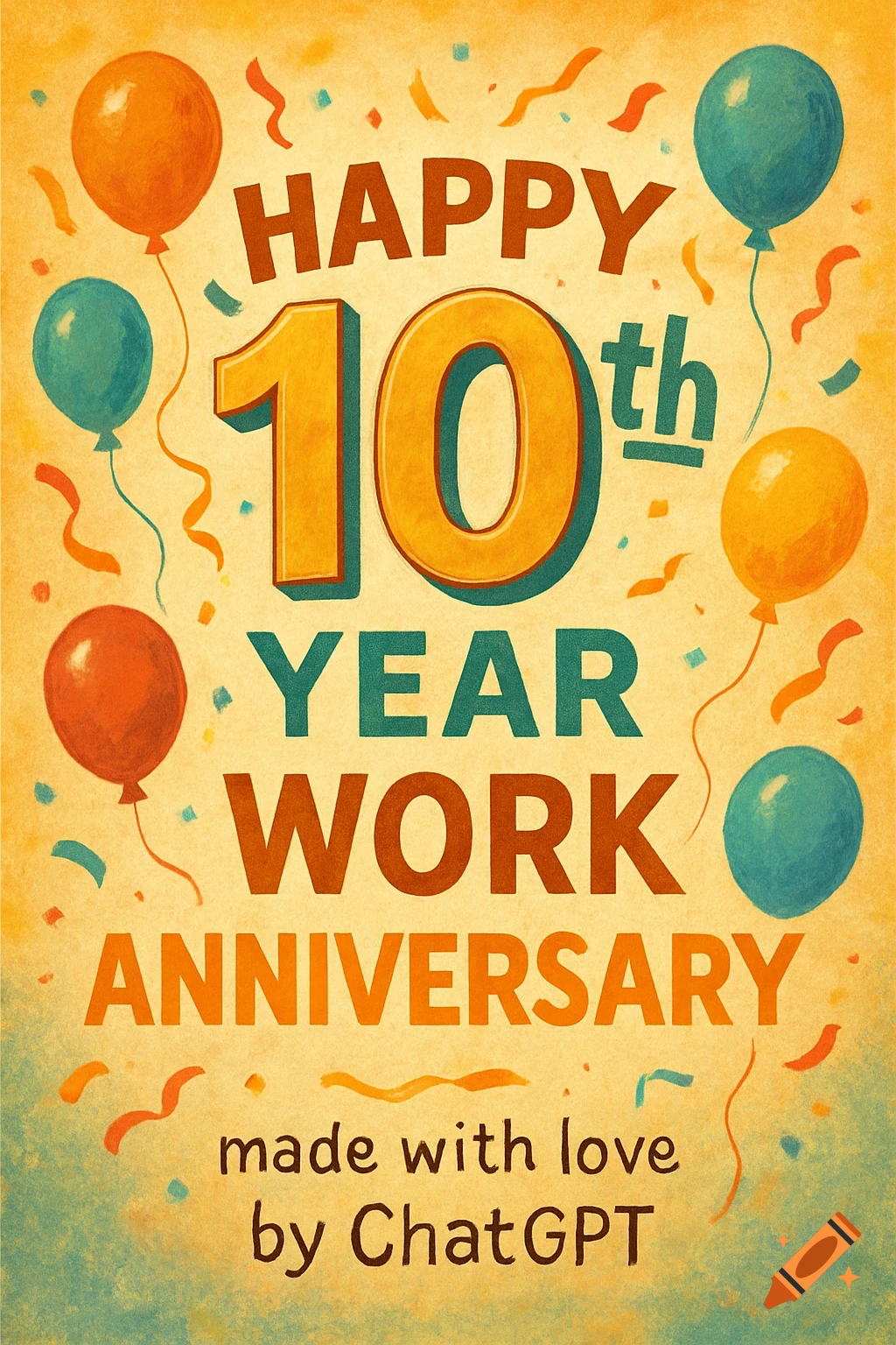 A work anniversary card with balloons, confetti, and text saying 'Happy 10th Year Work Anniversary'.