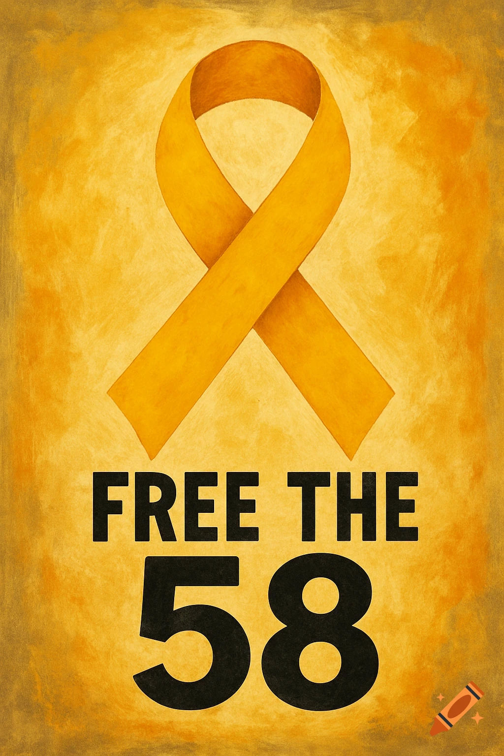 A yellow ribbon symbol above the text 'FREE THE 58' on a textured yellow background.