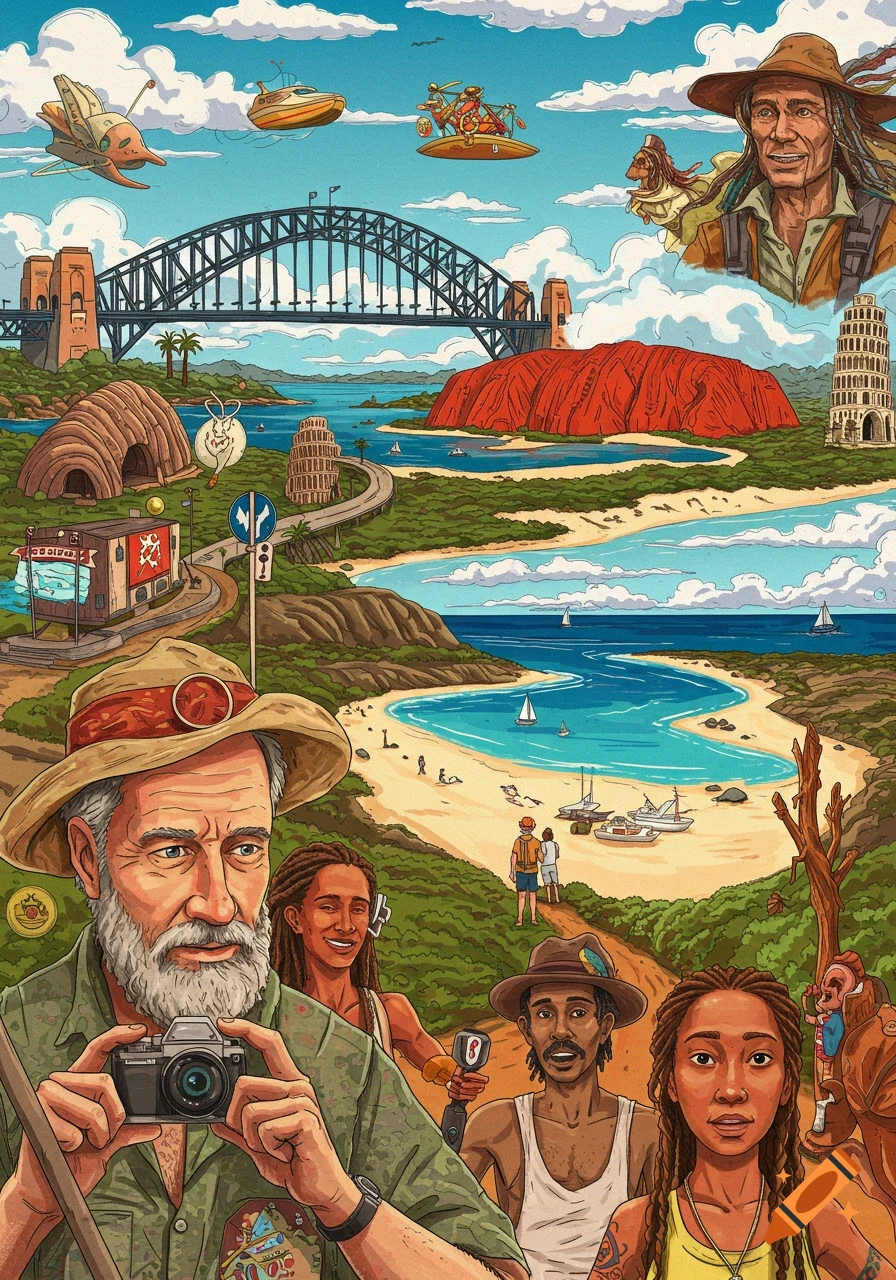 Illustrated Australian travel scene with landmarks, people, and futuristic vehicles.