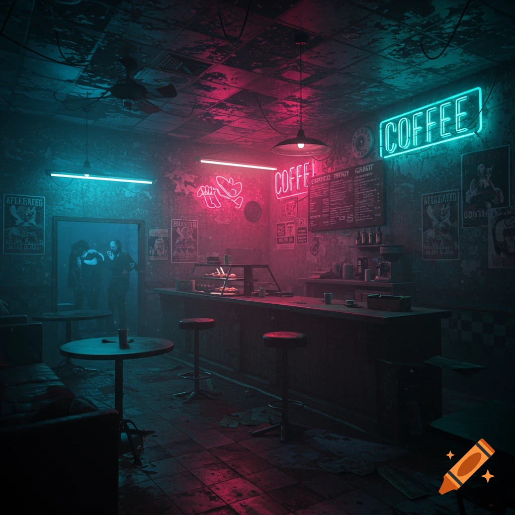 Dark, creepy coffee shop interior with red and cyan neon lights and grunge texture.