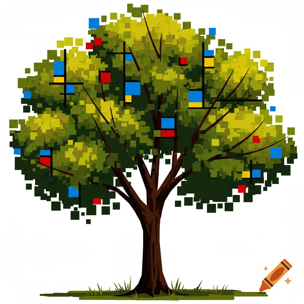A tree in the style of Mondrian with geometric shapes and primary colors in the leaves.