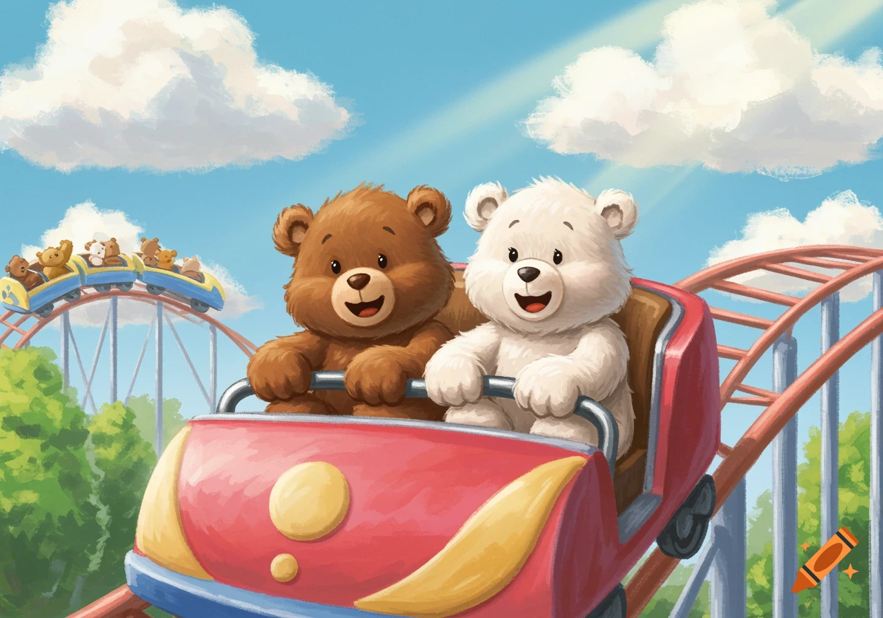 Two cartoon bears ride a roller coaster in an amusement park