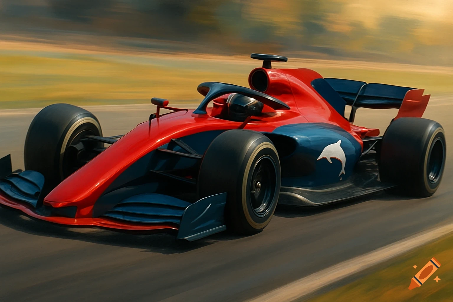 A red and blue Formula 1 race car with a white dolphin logo, rendered in a painterly style, speeding on a track.
