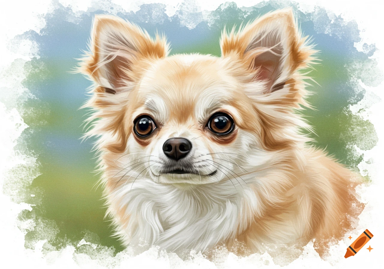 A watercolor painting of a Chihuahua dog's face.